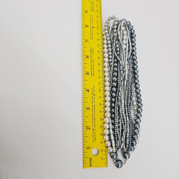 Multi Strand Beaded Faux Pearl Choker Necklace Gray White 16" - Picture 4 of 5